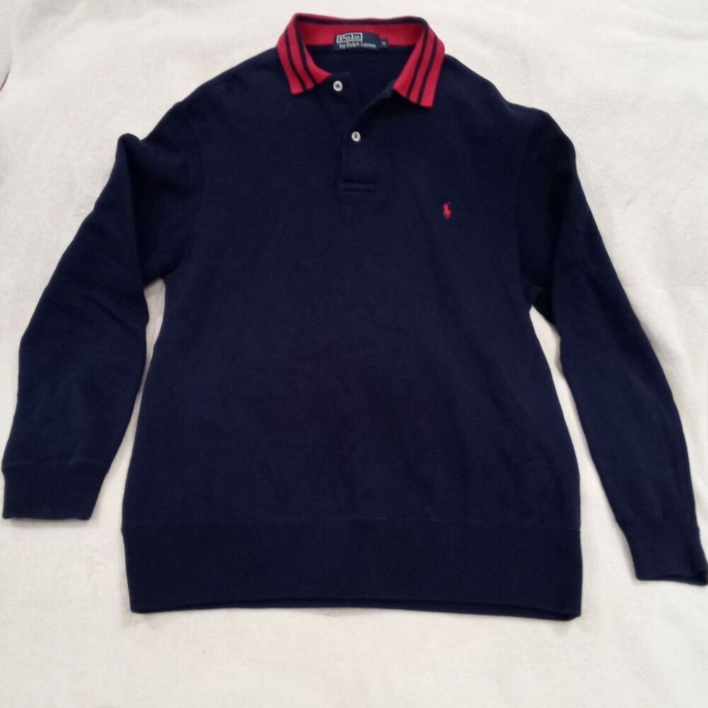 Polo Ralph Lauren Navy Blue Long Sleeve Polo - Red Contrast Collar - Size M